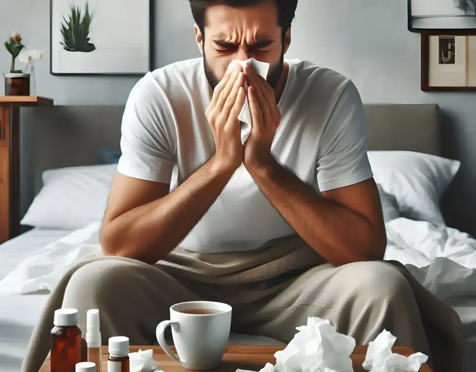 pria sakit flu di kamar tidur