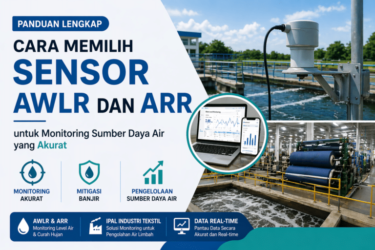 Ilustrasi sensor AWLR dan ARR untuk monitoring level air pada instalasi pengolahan air limbah industri tekstil dengan sistem pemantauan data real-time