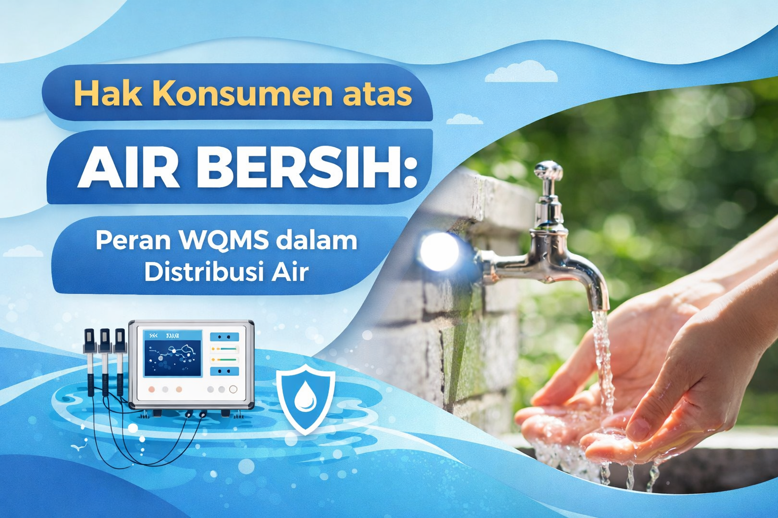 Ilustrasi sistem WQMS dan air bersih dari keran sebagai simbol pemantauan kualitas air dalam distribusi air bersih untuk konsumen