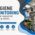 Ilustrasi hygiene monitoring industri food dan hotel dengan pengujian kebersihan dapur, air, dan permukaan untuk menjaga standar K3